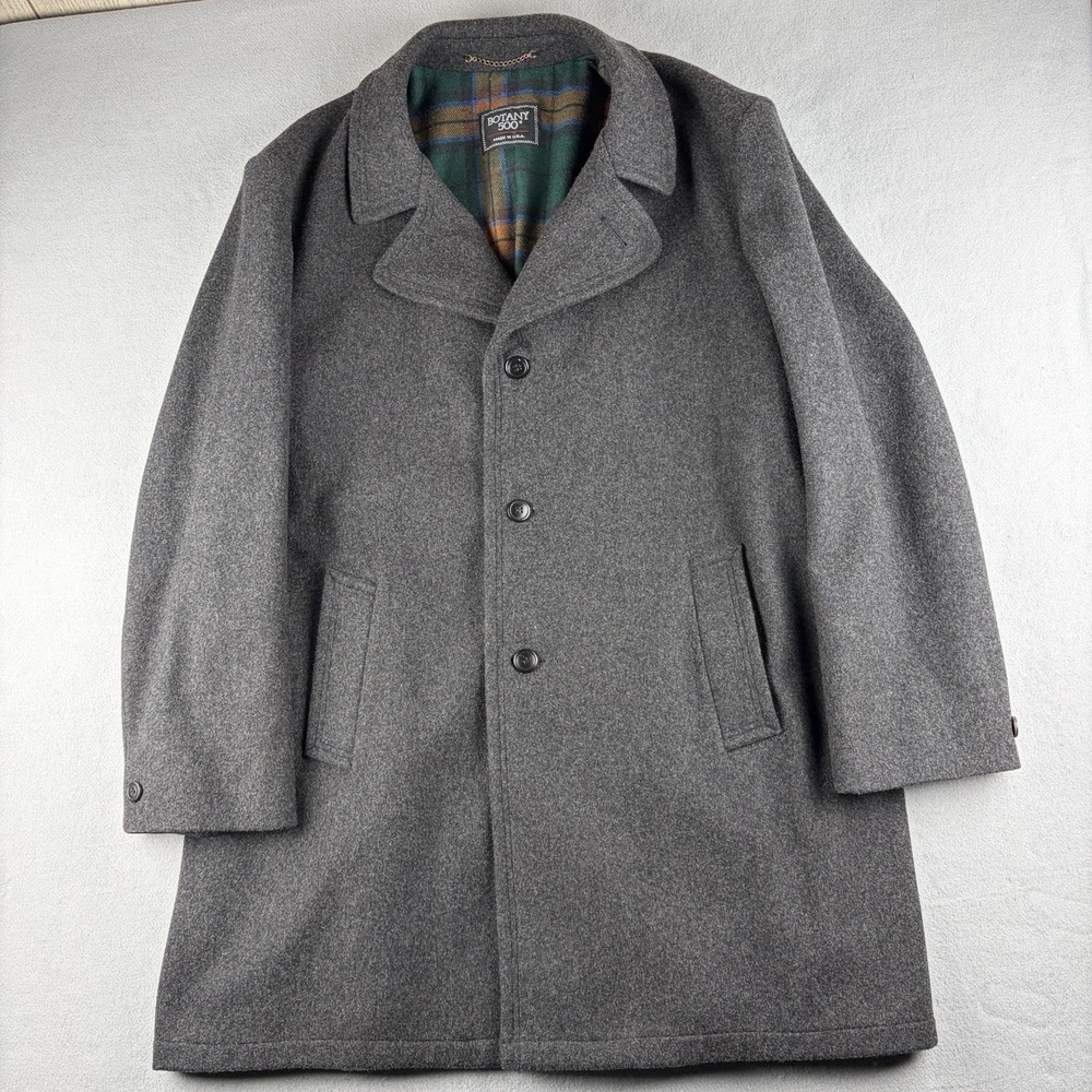 Vintage Botany 500 Wool Overcoat Gray Plaid Lined Made USA Men's 50 Long
